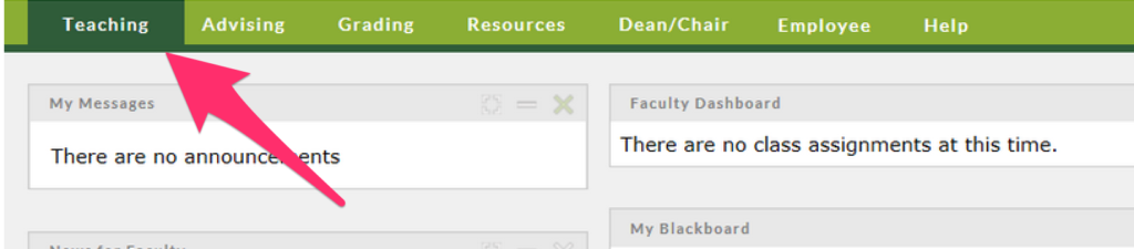 Arrow pointing to the location of the Teaching Tab in myUVM.