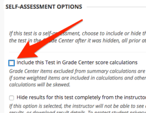 Arrow pointing to unchecked box next to include in grade center calculations. 