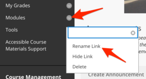 Arrows showing location of link rename/delete options on the course menu.