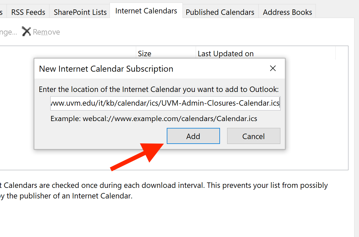 Outlook Windows enter Internet Calendar location.