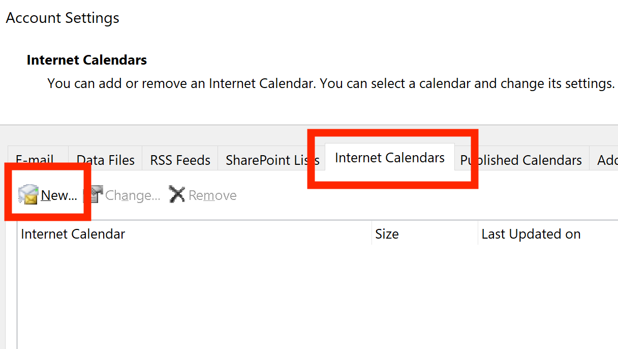 Outlook for Windows Internet Calendar settings.
