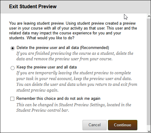 screenshot of choices when exiting student preview, or when clicking settings button.