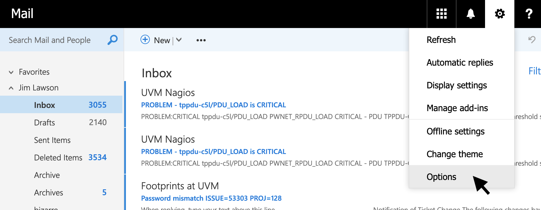 User selects "Options" from OWA Mail.