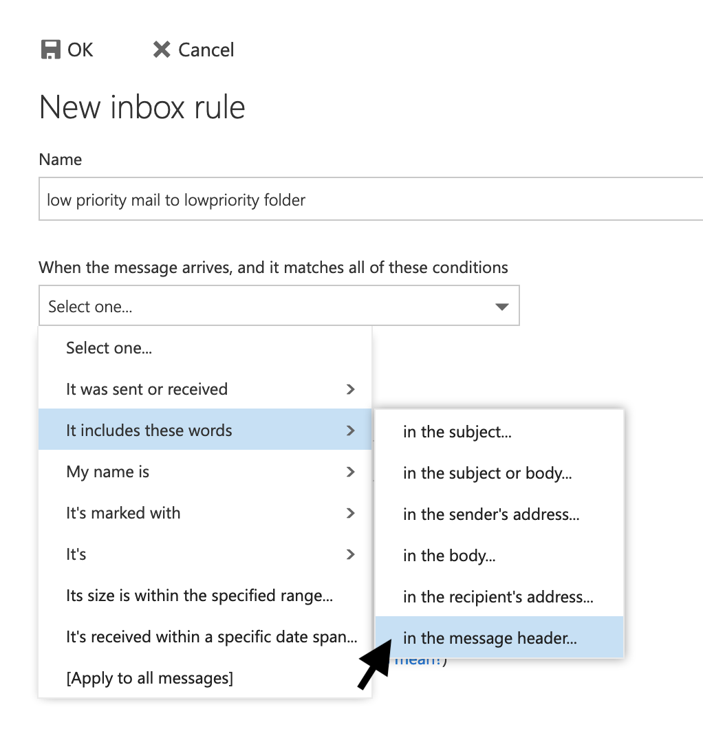 inbox rules, select "in the message header"