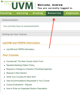 image of myuvm website with Resources tab highlighted